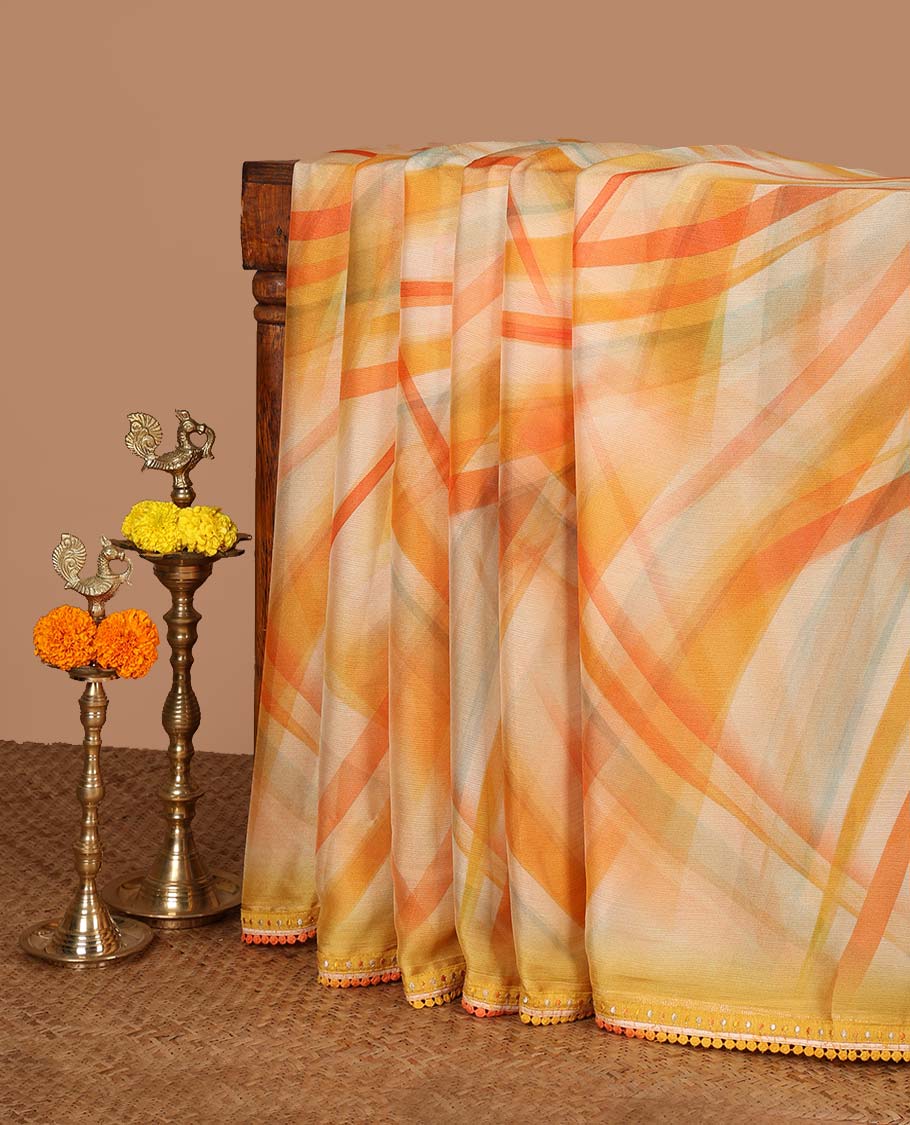 Yellow digital printed chimmer chiffon saree with embroidery, lace border & self pallu along with plain blouse