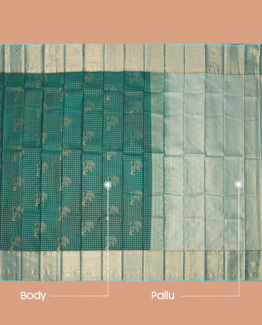 Green Budget Silk Saree, Embellished with Zari Buttas and Checks, Complemented by Contrast Traditional Zari Border, Intricate Pallu, and Contrast Blouse