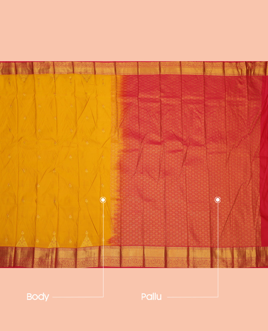 Yellow Budget Silk Saree, Adorned with Zari Buttas, a Contrast Traditional Zari Border, Grand Pallu, and a Contrast Blouse