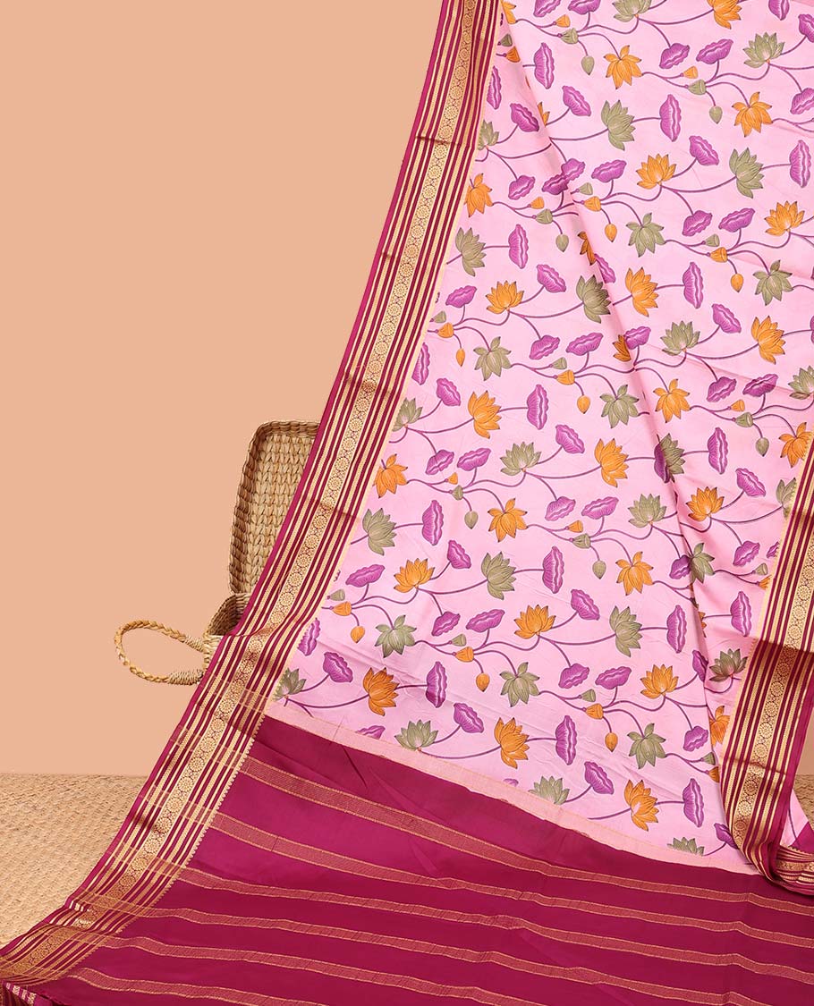 Pink pichwai-style floral vine printed semi-banaras printed saree, contrast traditional design border & striped pallu