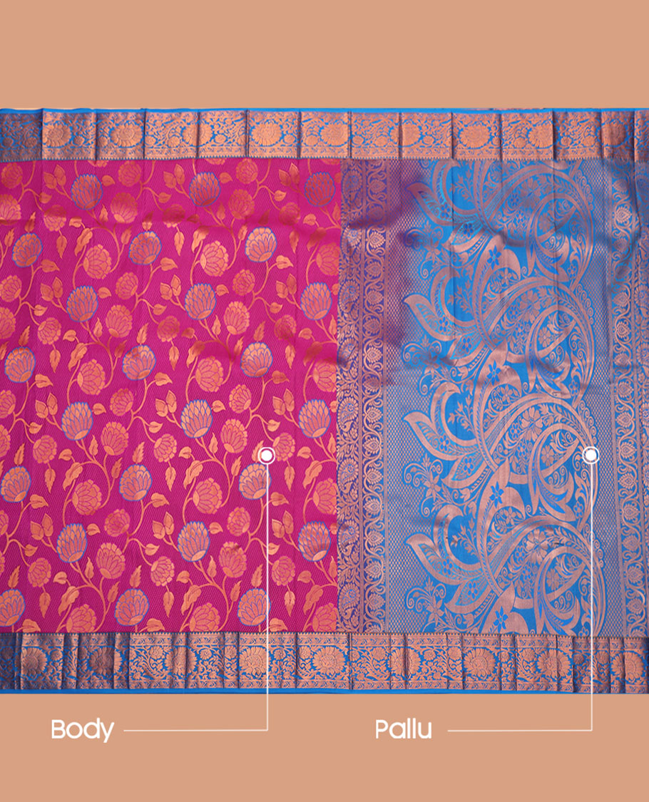 Pink Budget Silk Saree, Artfully Detailed with Floral Jacquard Design, Complemented by a Contrast Floral Creeper Zari Border, Grand Pallu, and a Contrast Blouse