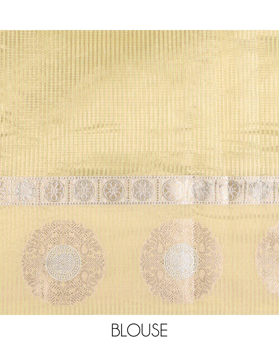 Lemon yellow horizontal lines chanderi cotton saree with rudhrakshborder & rich pallu along with rich blouse