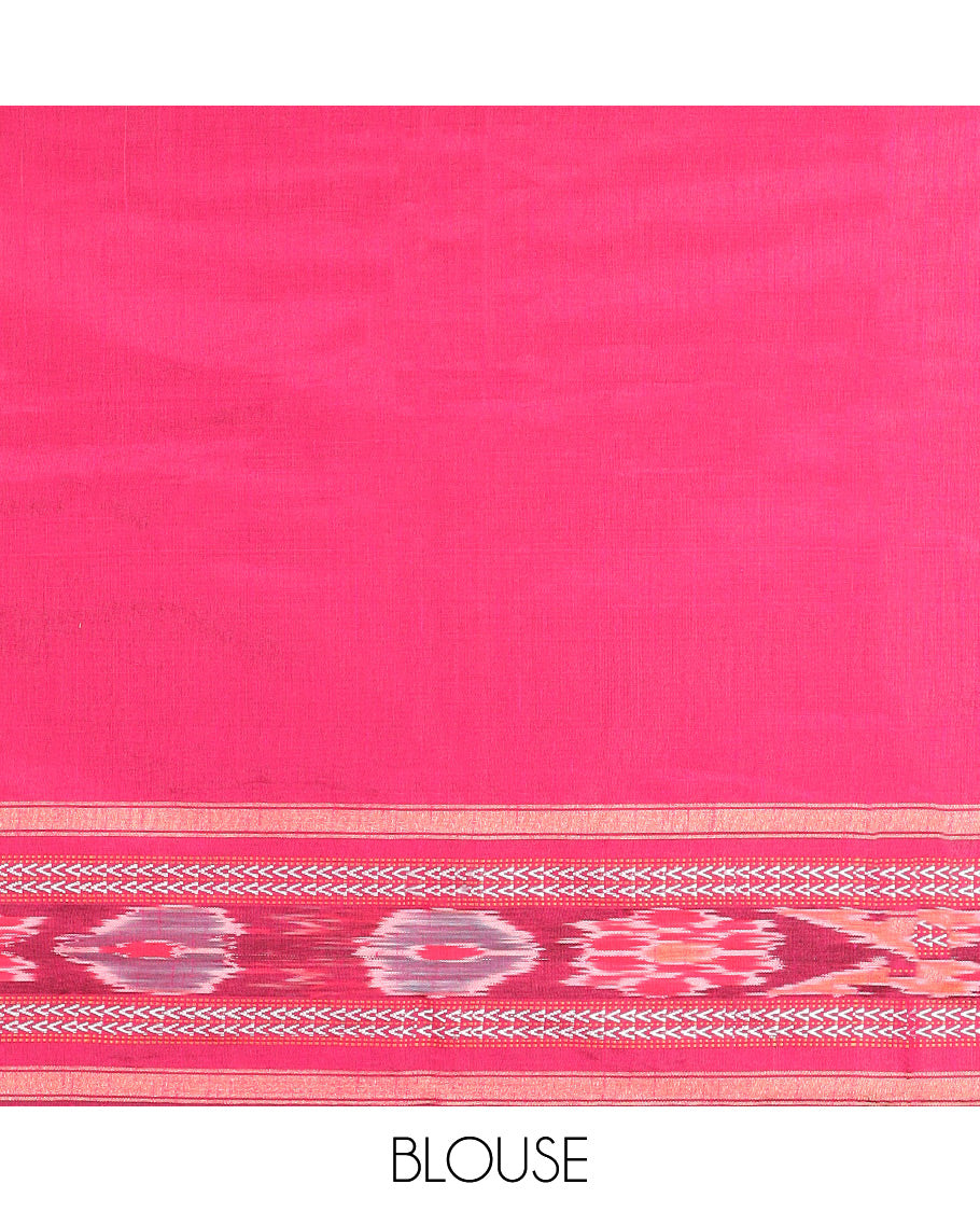 Purple Plain Dupion Silk Saree, Spotlighted with a Contrast Temple Border of Geometric Patterns and Ikkat Weave, Pallu Depicting Floral Ikkat Designs, and Paired with a Contrast Blouse