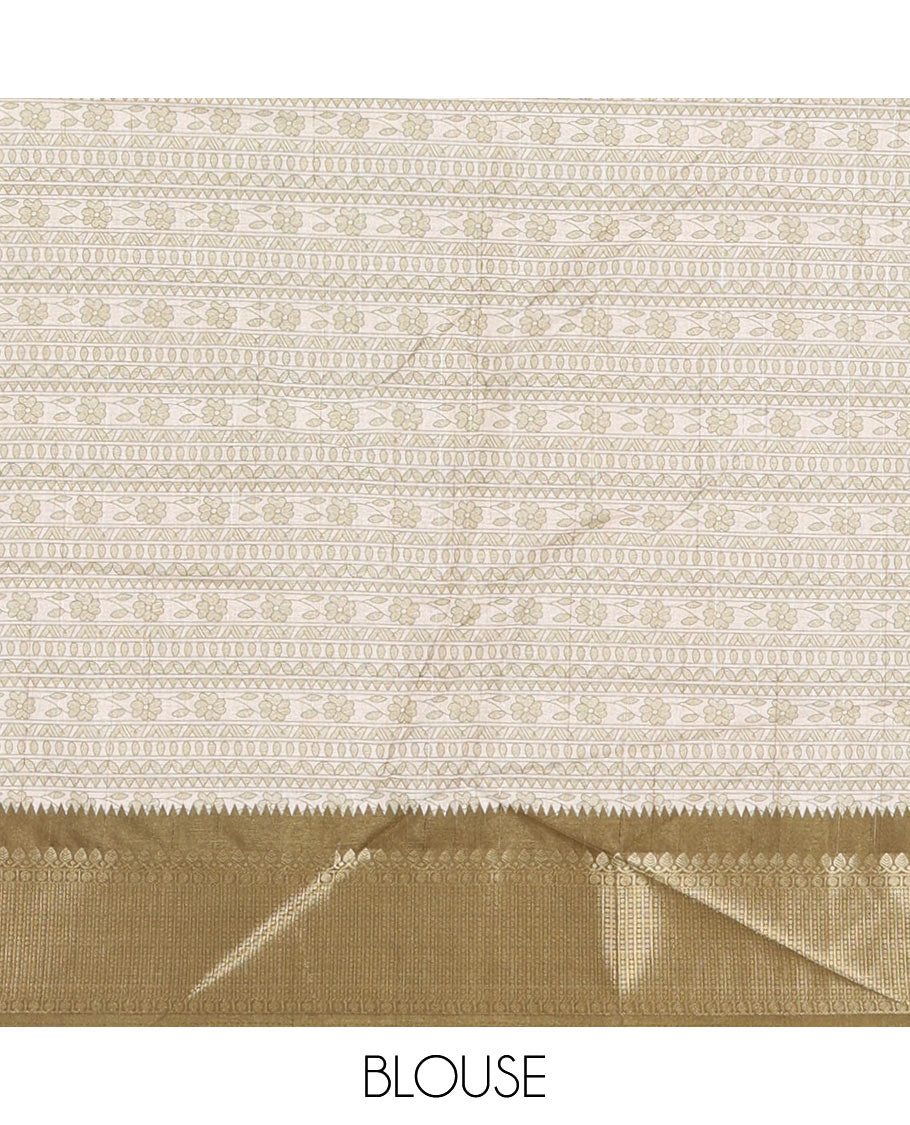 Cream-green flora, fauna, and geometric madhubani printed soft tussar saree, contrast zari border, peacock print pallu, and printed blouse