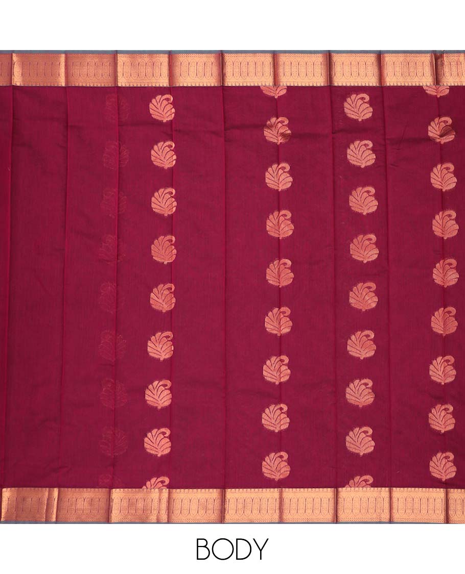 Marron paisley design kora cotton saree with contrast zari design border & floral enclosed checked design pallu