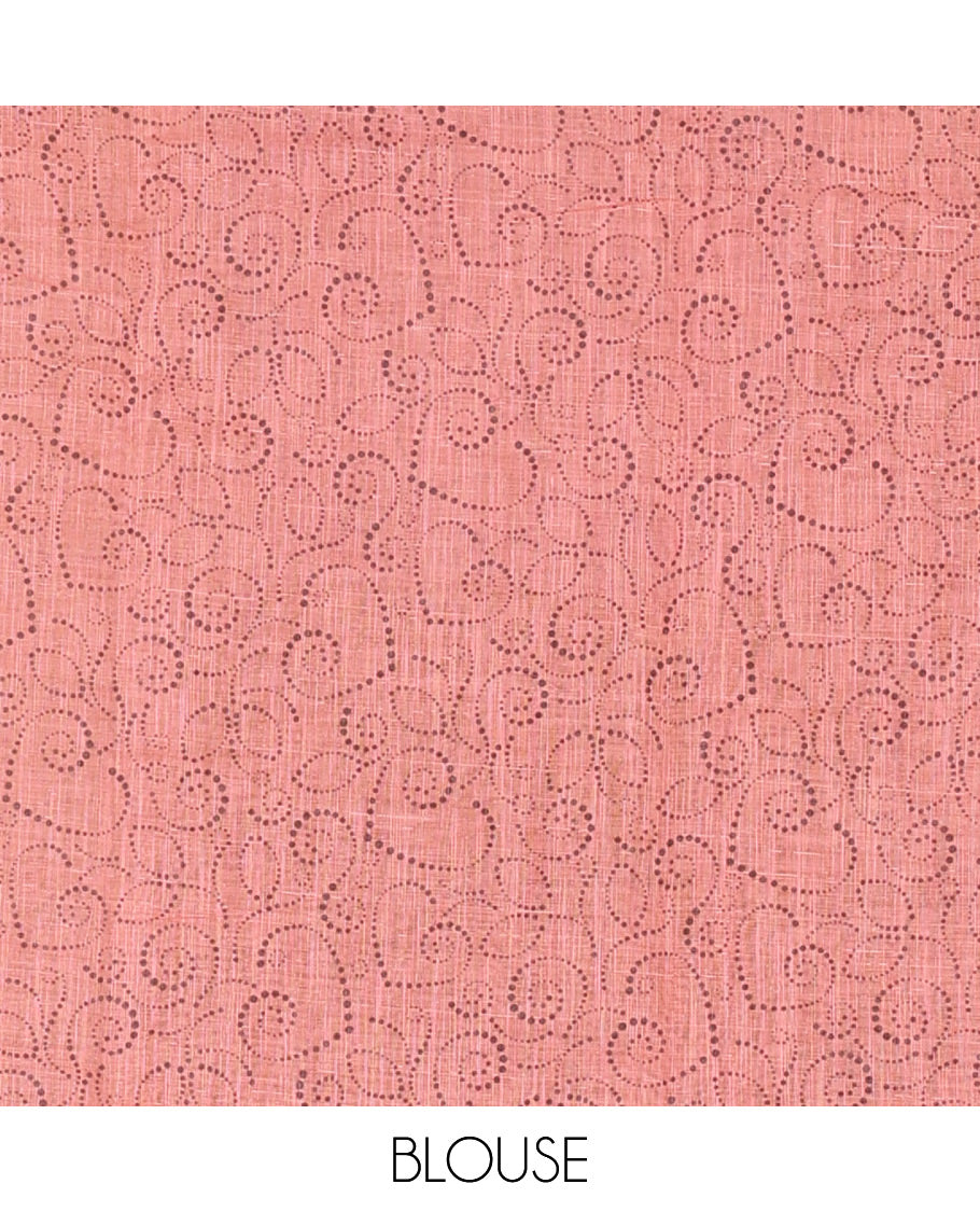 Pastel pink cute elephant motifs printed linen cotton saree, contrast chevron border, pallu of stripes and chevron, and contrast printed blouse