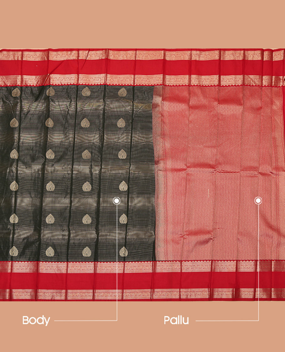 Black Budget Silk Saree, Delicately Woven with Zari Buttas and Stripes, Complemented by a Contrast Traditional Zari Design Rettai Pettu Border, Jaal Pallu, and a Contrast Blouse