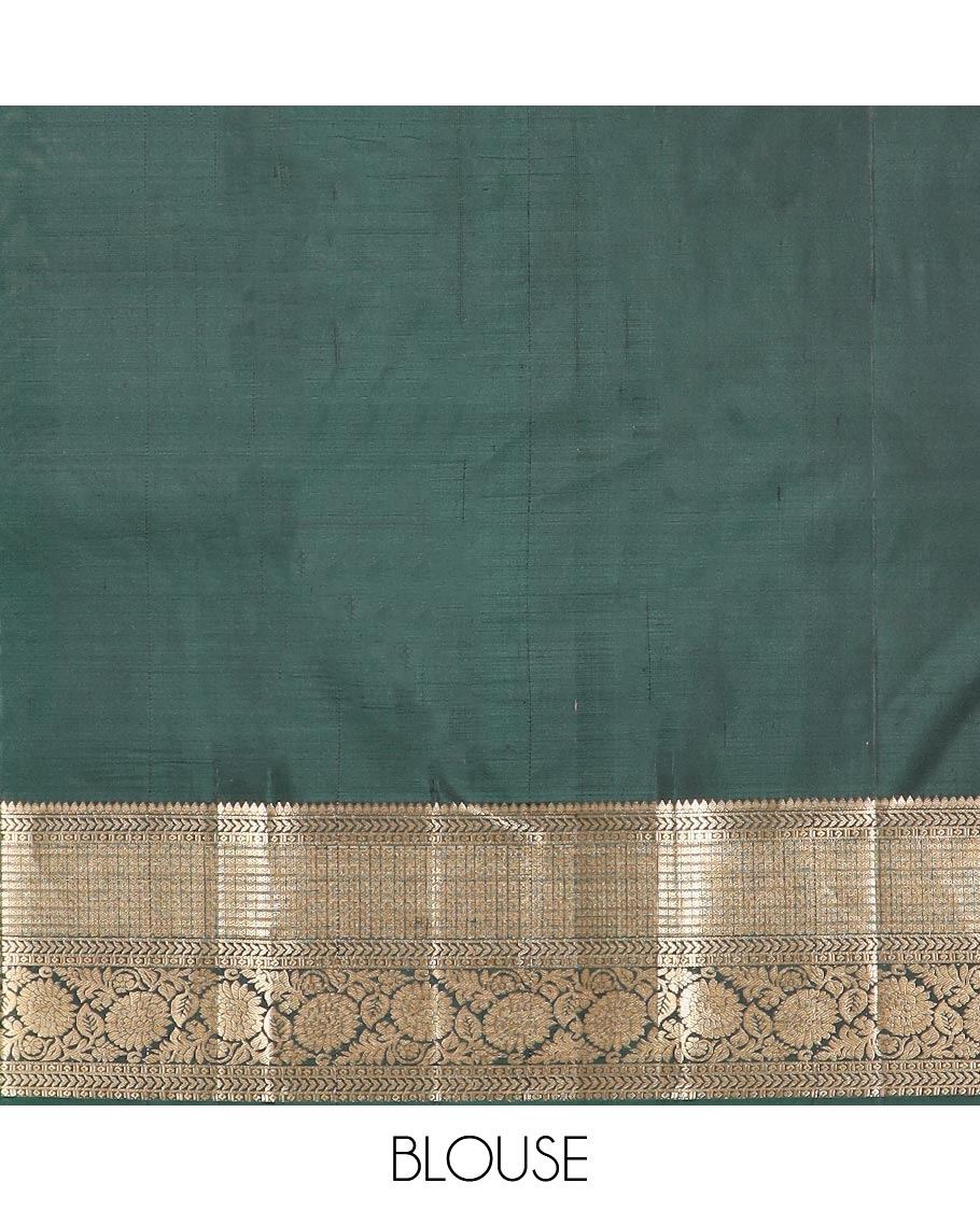 Dark green floral jaal design kancheepuram silk saree with self border of thilakam mokku, kathir, kodi visiry design & zari design pallu