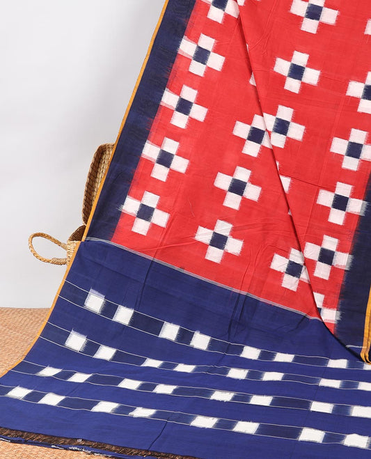 Red geometric design Ikkat cotton saree with contrast plain border & striped and geometric design pallu