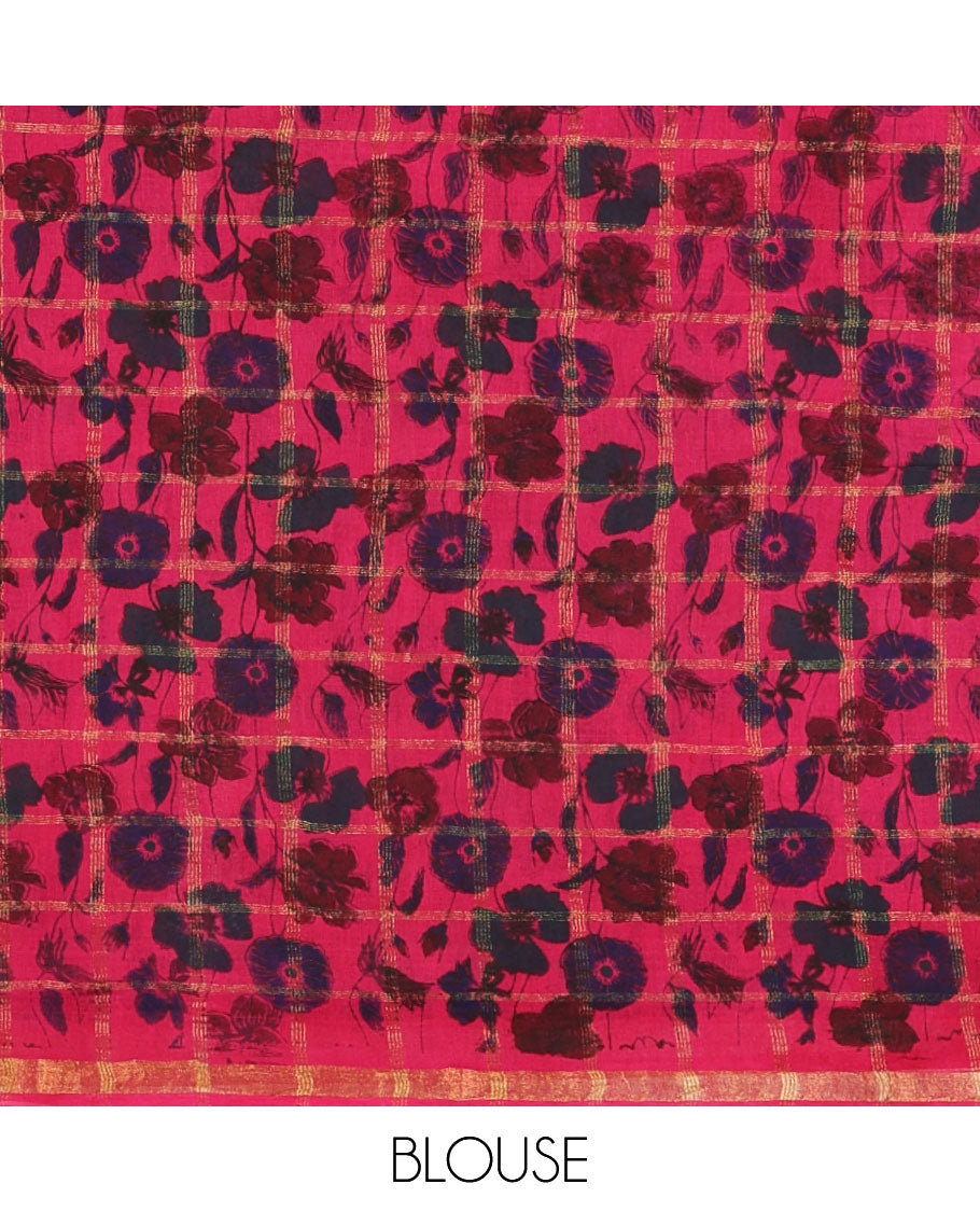 Pink zari checked & floral printed sungudi cotton saree, piping zari border,self-pallu & matching blouse of zari & floral print work