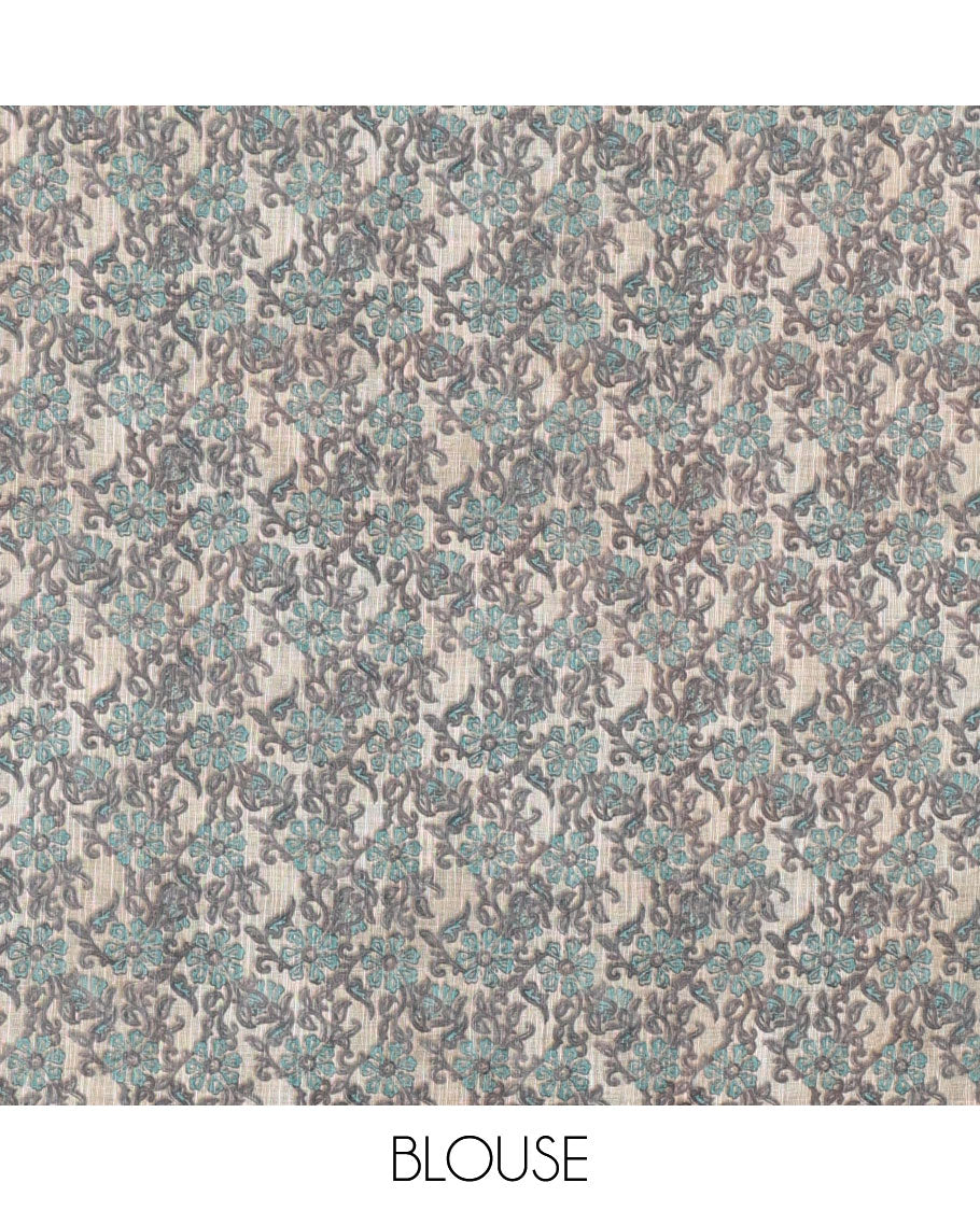 Borderless rama blue batik printed linen cotton saree, hand brush painting style floral vine printed pallu, and contrast floral printed blouse