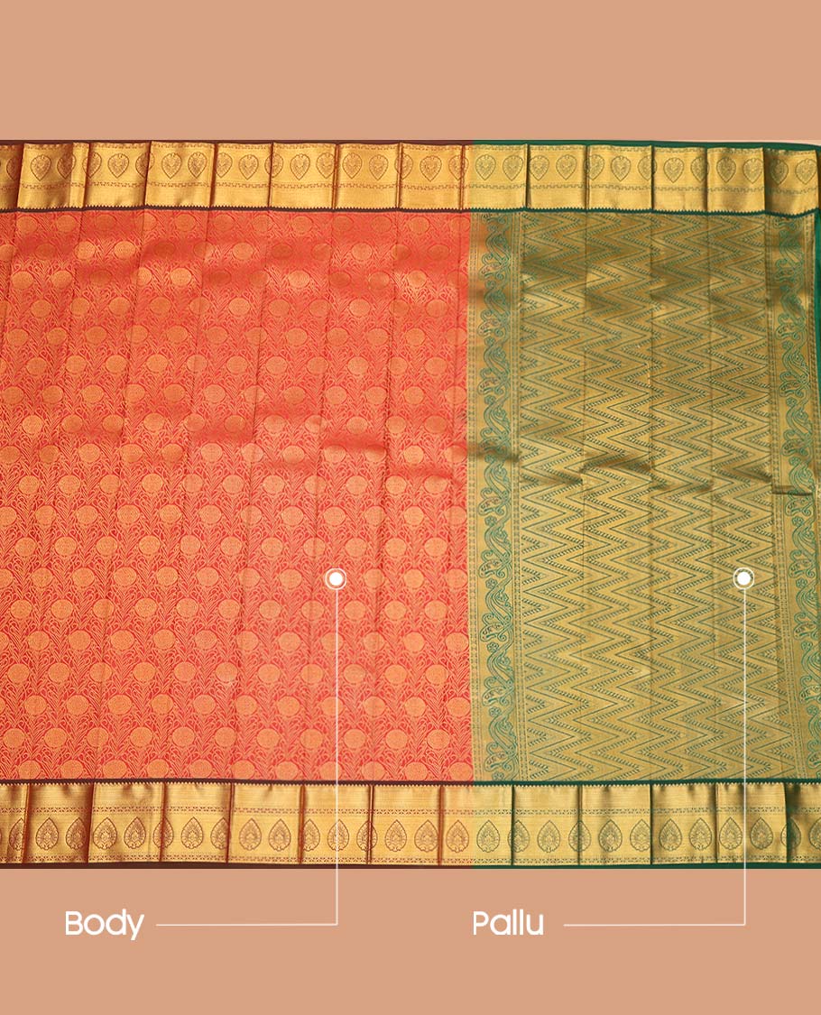 Orange Budget Silk Saree, Embellished with Floral Jacquard Design, Complemented by Contrast Traditional Zari Border, a Geomentric Pallu and a Contrast Blouse