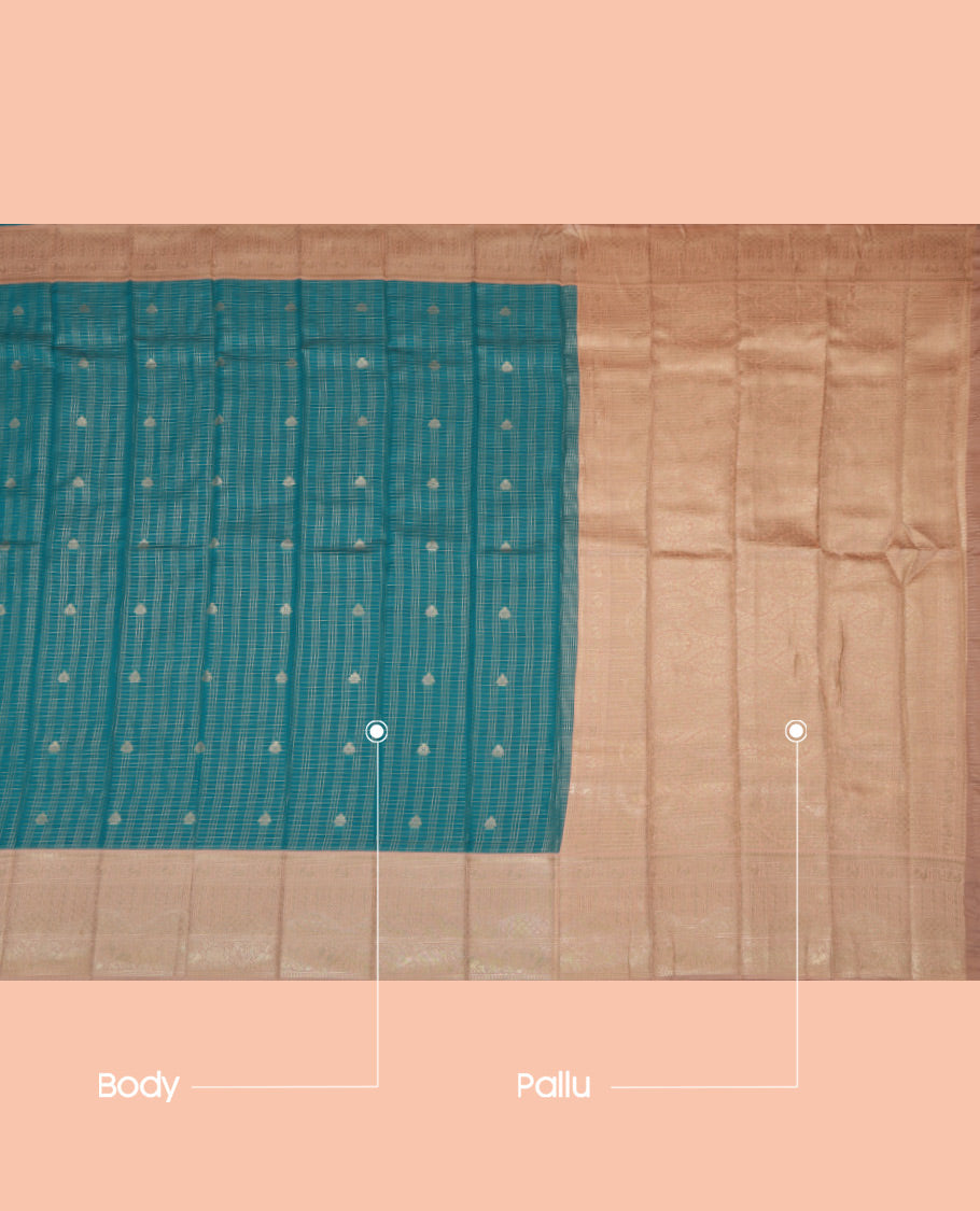 Green Litchi Saree, Crafted with Zari Buttas and Checks, a Contrast Traditional Zari Border, a Grand Pallu, and a Contrast Blouse