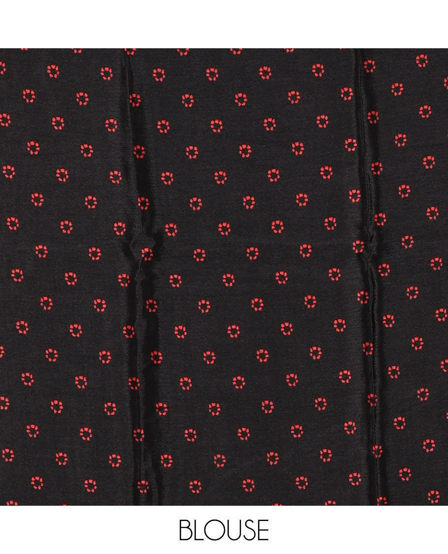 Borderless black Shibori-style circle motifs printed Turkey crepe saree, Shibori printed pallu & small buttas printed blouse