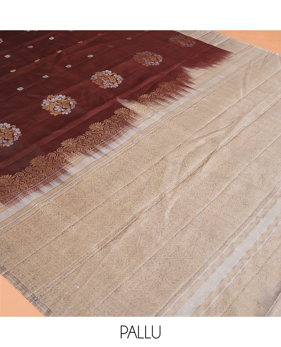Brown Mayuri Lite Silk Mix Saree, Woven with Zari Buttas, Complemented by a Contrast Border of Floral Buttas, a Grand Pallu, and a Contrast Blouse