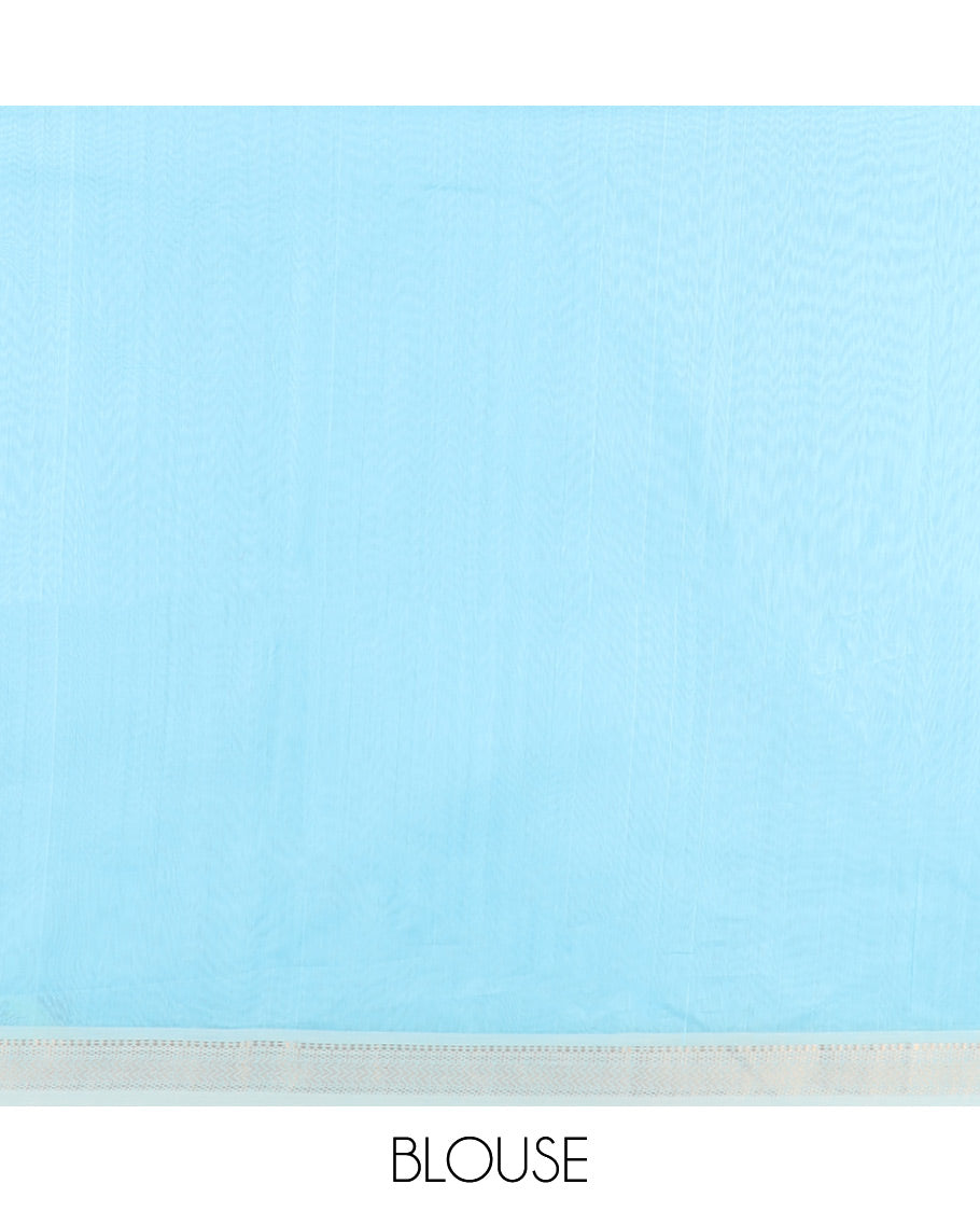 Light blue maheswari cotton saree with self zari design border & striped pallu