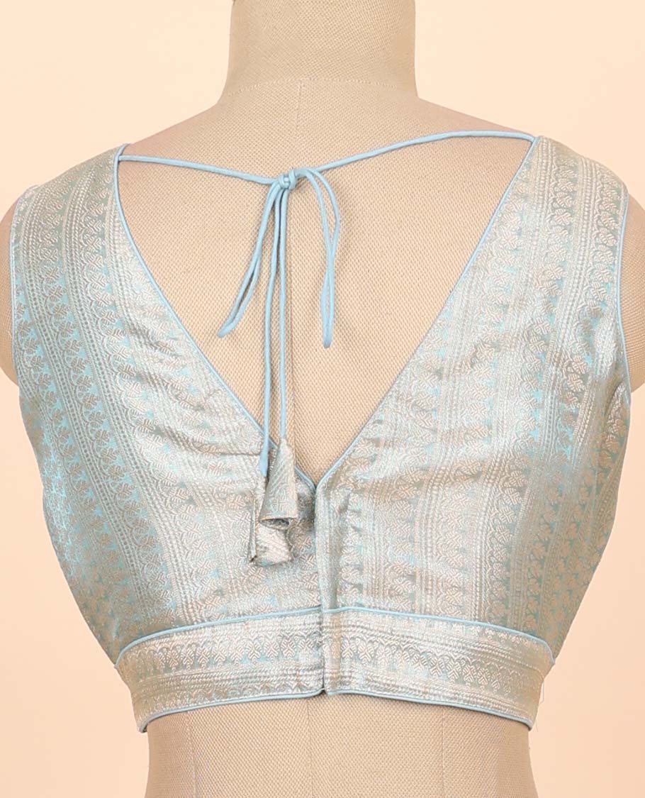 Baby blue floral zari design front & back deep v-neck raw-silk readymade sleeveless blouse
