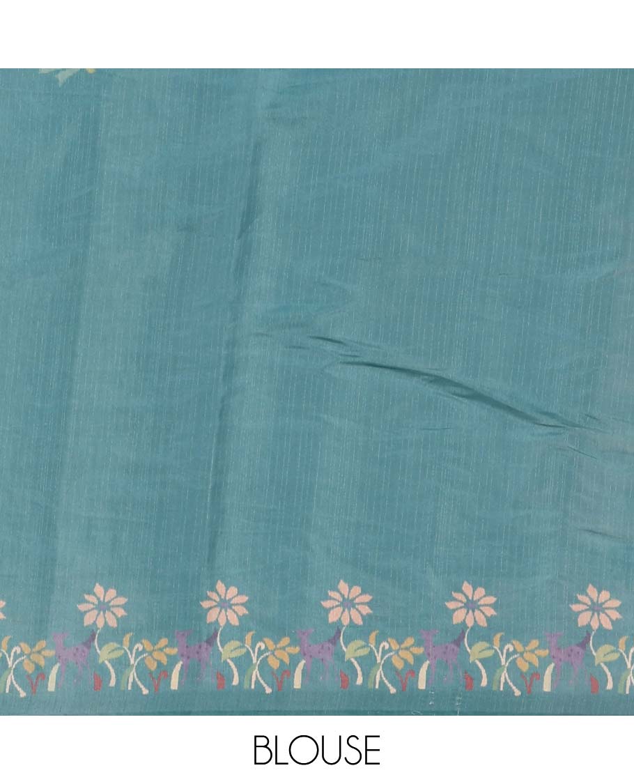 Sea Green pochampally ikkat style geometric printed fancy tussar saree, contrast floral motifs thread embroidered border, ikkat printed pallu, and plain blouse