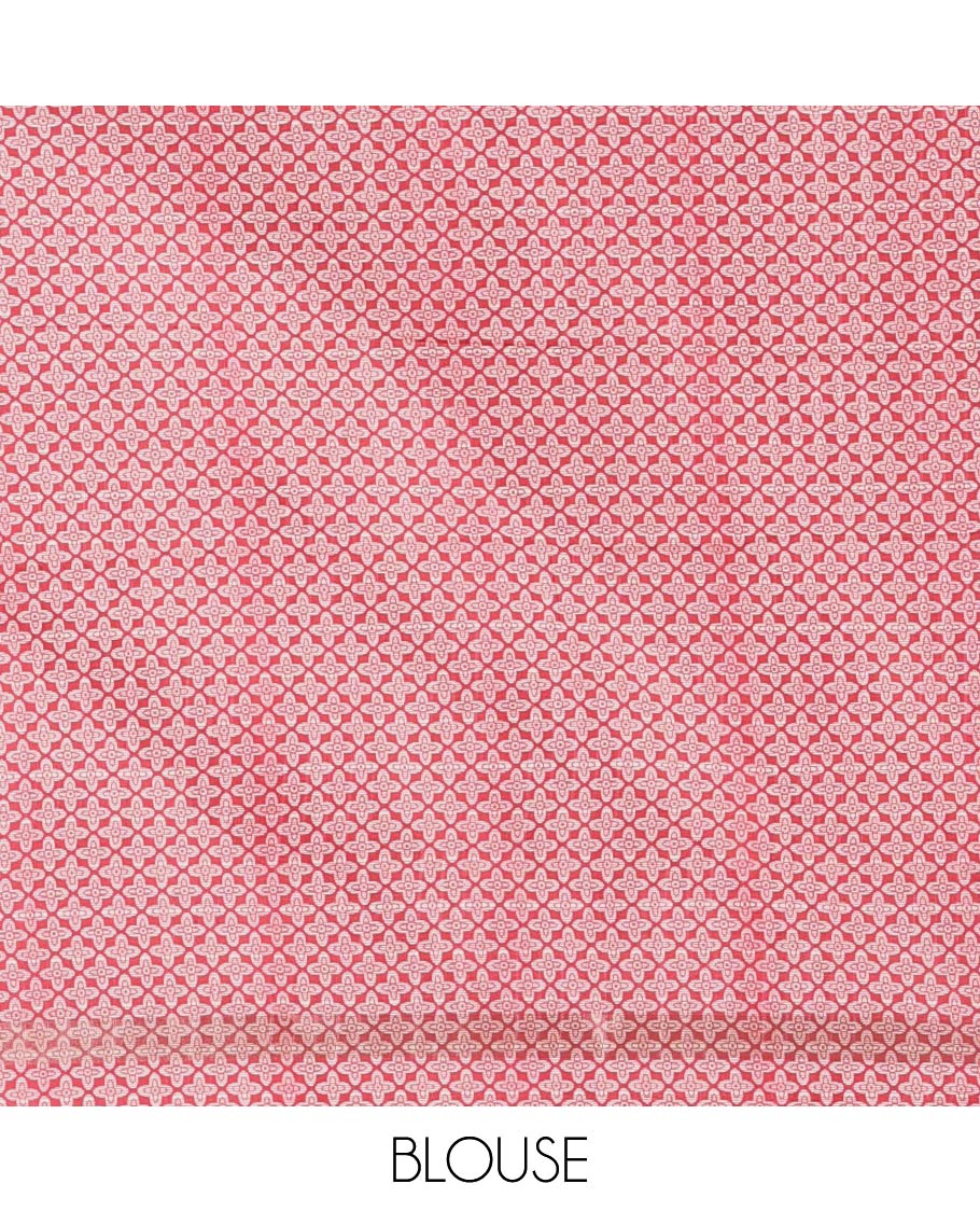 Tomato pink vertical striped & floral motifs Katan silk saree, zari piping border & pallu of yaali & jaal motifs