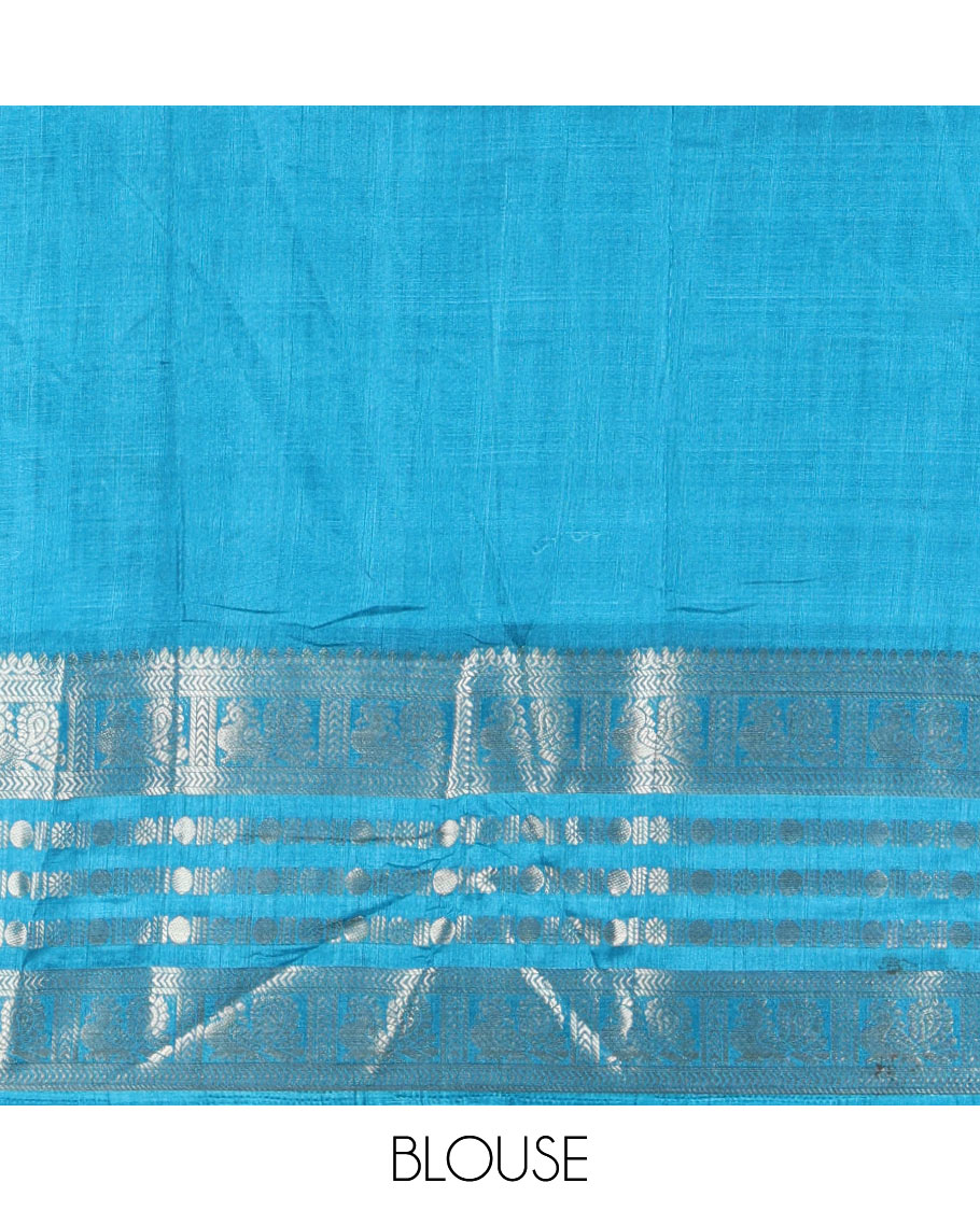 Blue leaf motifs printed dola silk saree, contrast traditional zari border of Rudraksham and peacock motifs, geometric printed pallu and contrast printed blouse