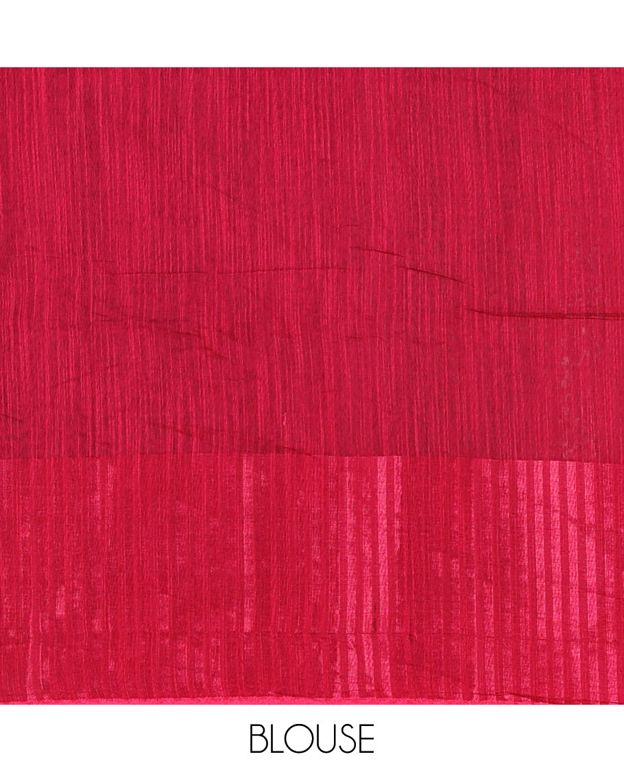 Green and pink plain khadi mul cotton saree, contrast thread temple border, plain pallu, and a contrast plain blouse