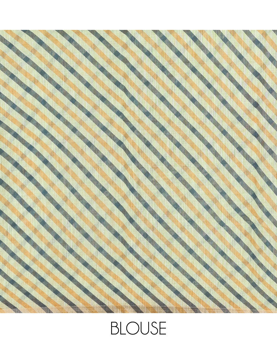 Green sun and deer silhouette printed linen cotton saree, gold zari piping border, printed pallu, and a matching stripes printed blouse