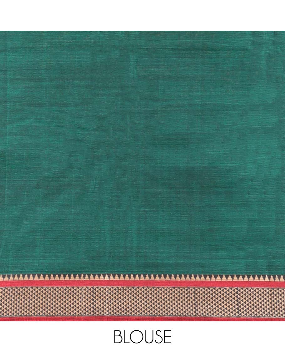 Green plain design Narayanapet cotton saree, contrast traditional design border & striped pallu