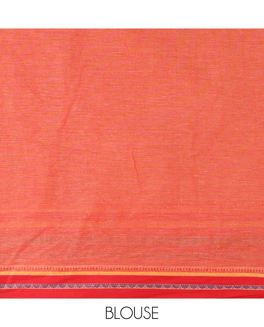 Chikku and red flora-fauna motifs thread embroidered Mangalagiri cotton saree, contrast traditional thread border, striped pallu, and contrast traditional border blouse