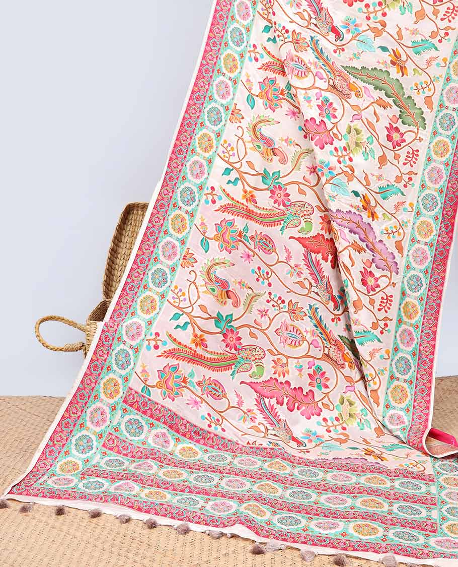 Cream floral vine design semi-banaras dola silk saree with contrast border and intricate design pallu