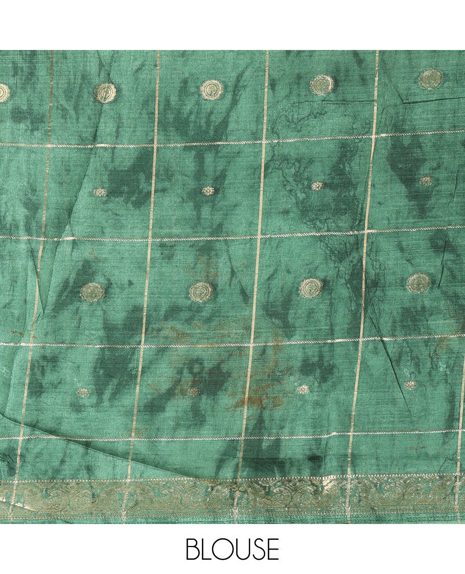 Yellow buttas enclosed checked dola silk saree, contrast shibori print with traditional zari border, buttas enclosed checked pallu, and a contrast buttas enclosed checked blouse