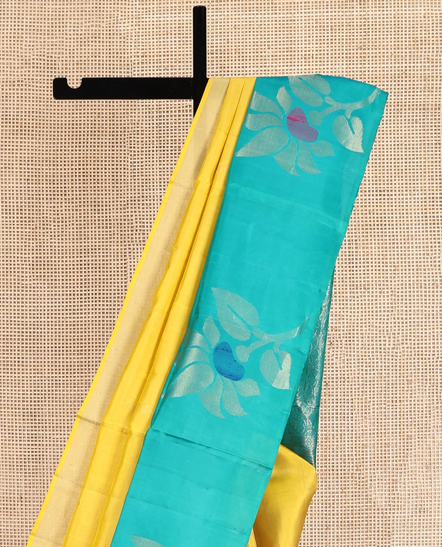 Yellow Mayuri Soft Silk Saree, Sparsely Woven with Buttas, Complemented by a Contrast Floral Border, Unique Design Pallu, and a Contrast Blouse