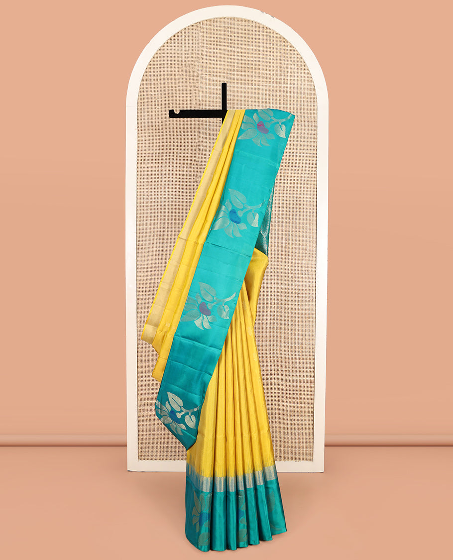 Yellow Mayuri Soft Silk Saree, Sparsely Woven with Buttas, Complemented by a Contrast Floral Border, Unique Design Pallu, and a Contrast Blouse