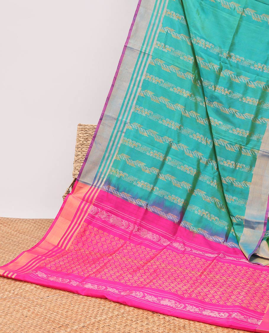 Green striped floral design uppada silk saree with contrast striped zari border & pallu of argyle design