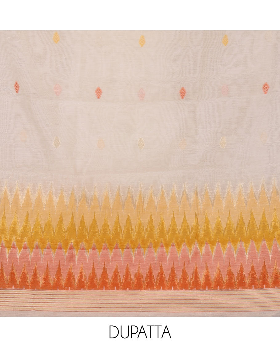 Mustard material chudidar set,meena butta & ombre zig-zag print mul chanderi top,plain bottom & mul chanderi dupatta of meena butta & ombre zig-zag print