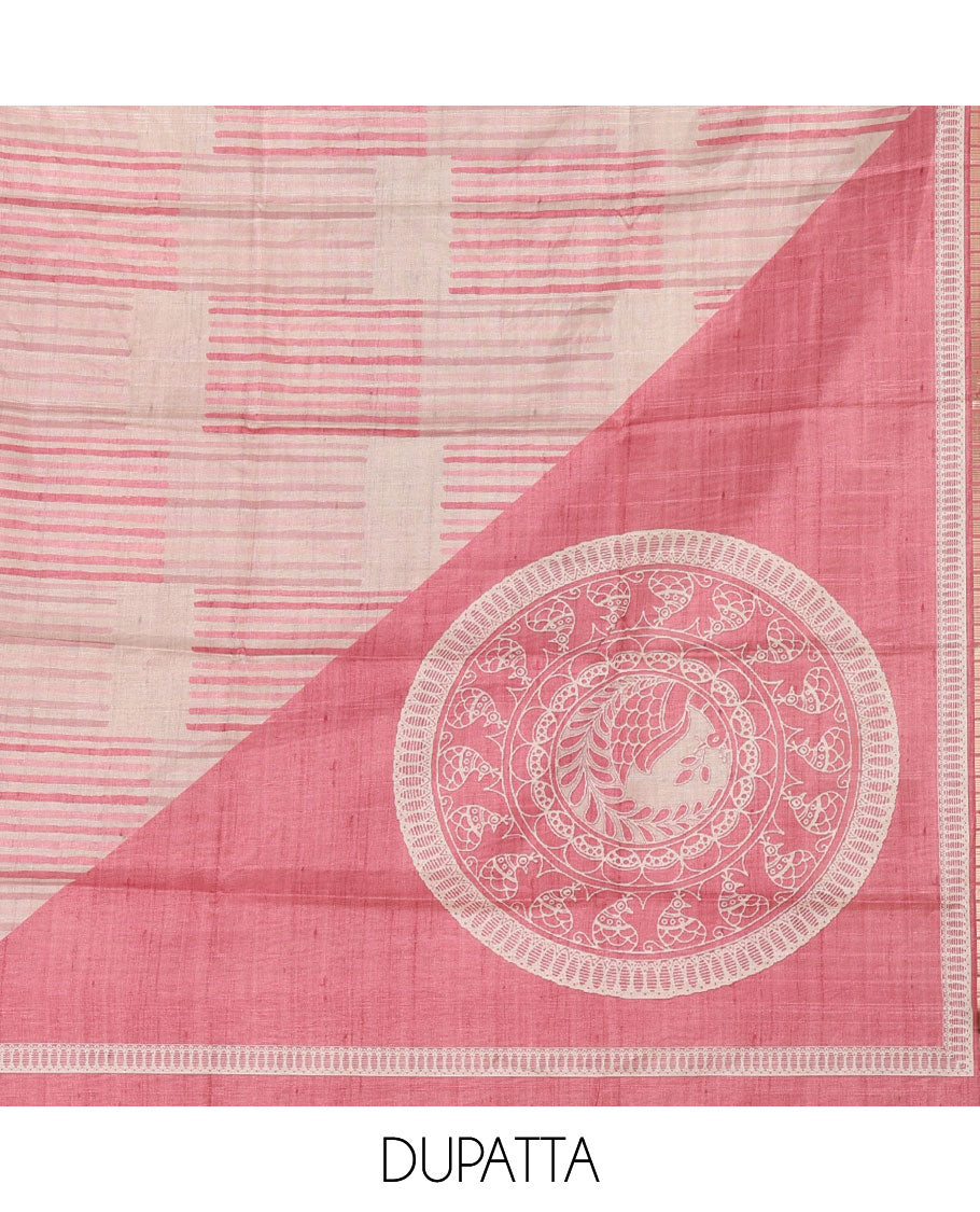 Chikku semi-tussar material chudidar set,geometric & round peacock motif print top, pink bottom & geometric & round peacock print dupatta