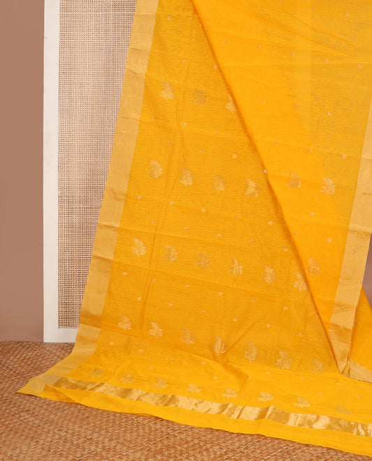 Orange leaf motifs chanderi cotton saree with contrast zari border & striped pallu