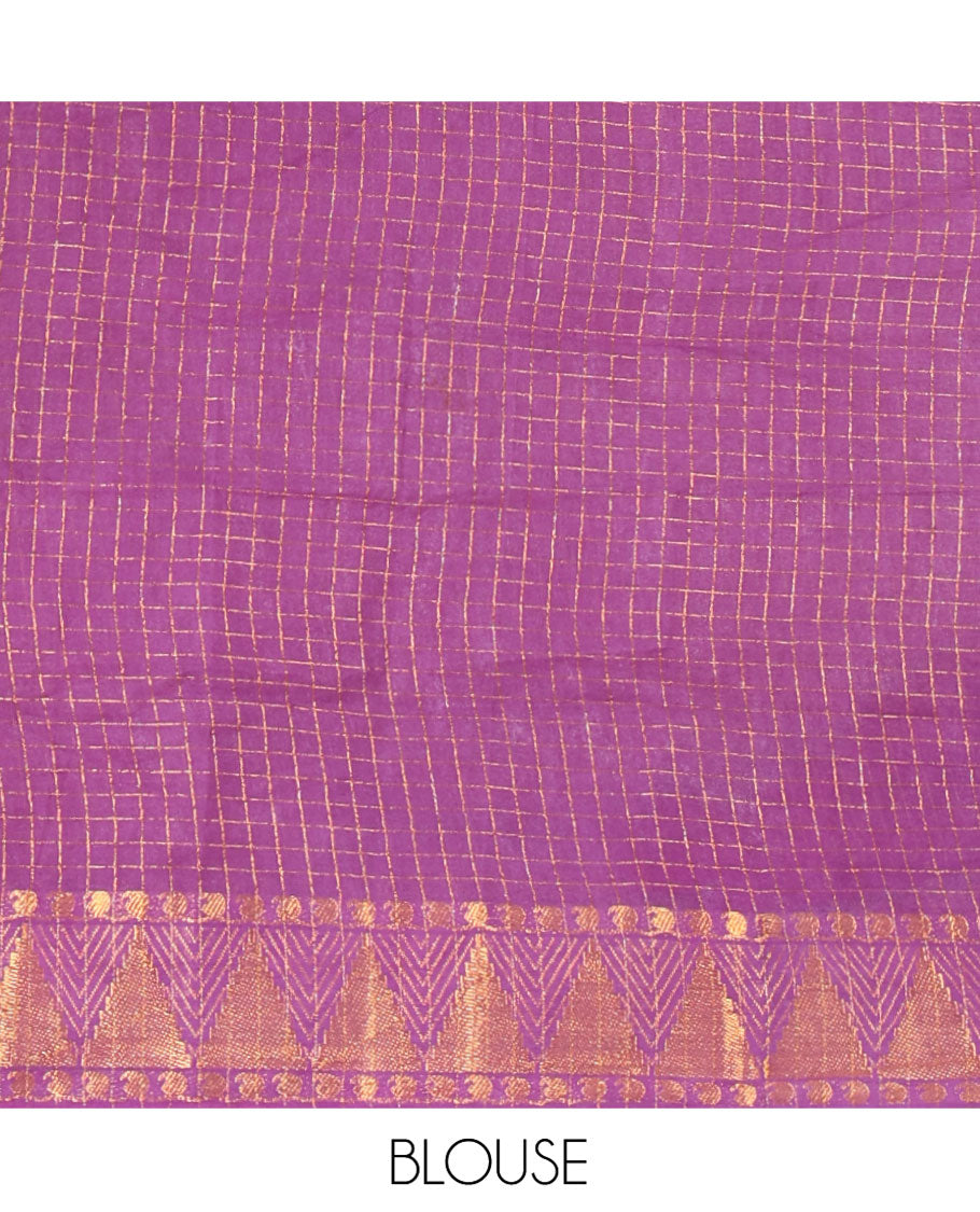 Violet and Purple Plain Sungudi Cotton Half-saree, Complemented by Captivating Contrast Traditional Zari Border of Temple, Peacock, and Elephant Designs, Paired with a Contrast Zari Checked Blouse, and Comes with a Zari-Bordered Vichitra Silk Dhavani