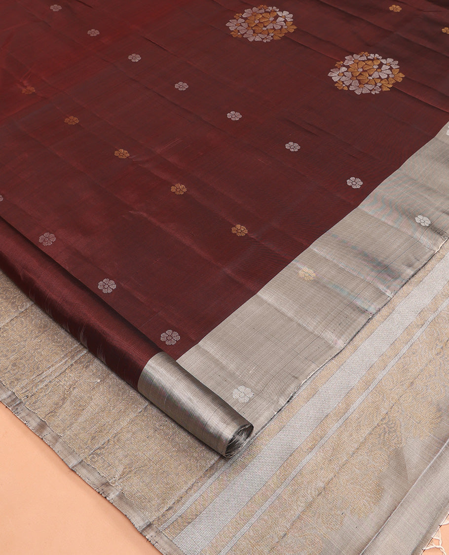 Brown Mayuri Lite Silk Mix Saree, Woven with Zari Buttas, Complemented by a Contrast Border of Floral Buttas, a Grand Pallu, and a Contrast Blouse