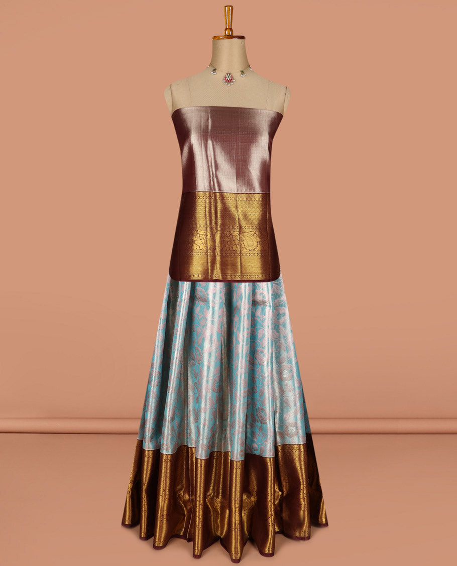 Blue puresilk halfsaree, floral jaal jacquard skirt, contrast blouse, and border of salngai,neli,poun,jaal,manga and jaal, and dhavani of embossed with zari weave