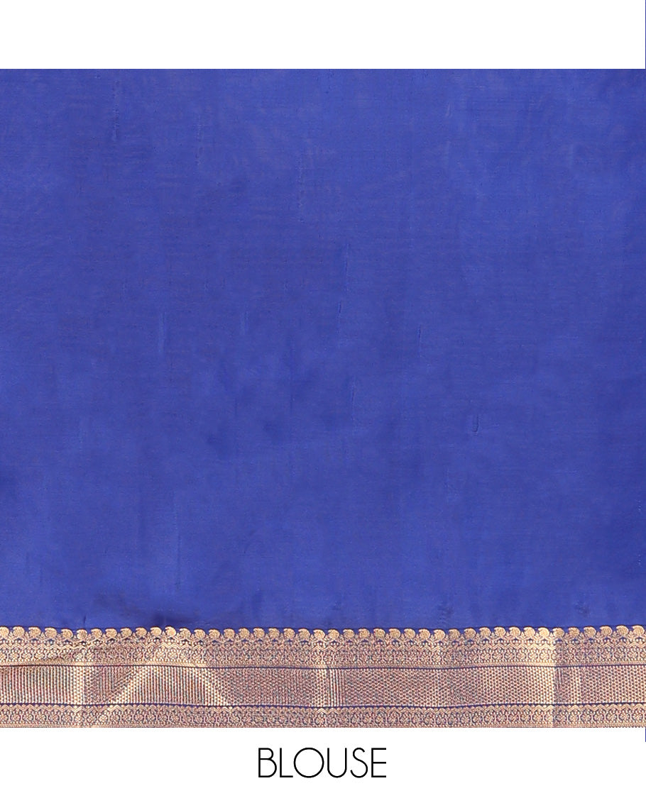 Blue zari buttas Vasundhara silk mix saree, zari border of manga mokku, muthu, neli, kamalam, and ara maadam, and pai yaadi kattam pallu