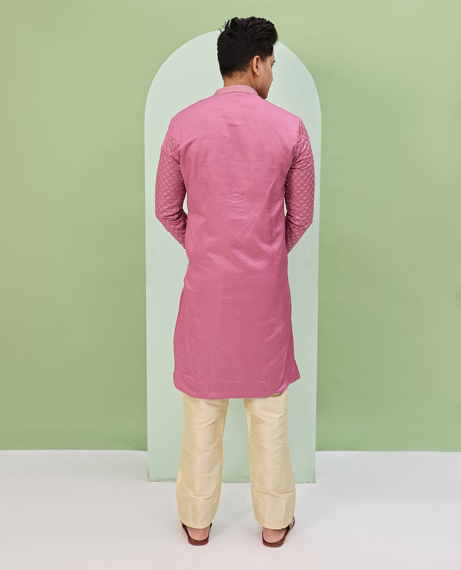Onion pink sequins and thread jaal design embroidered full-sleeved readymade kurta