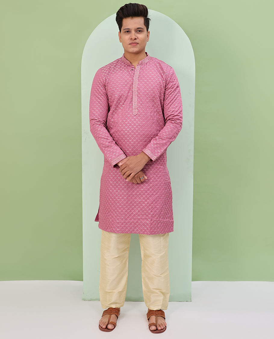 Onion pink sequins and thread jaal design embroidered full-sleeved readymade kurta