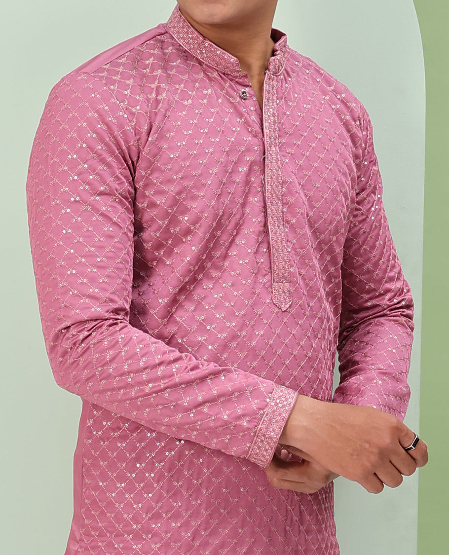 Onion pink sequins and thread jaal design embroidered full-sleeved readymade kurta