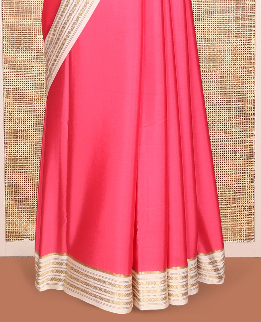 Dark Pink Plain Mysore Silk Saree, Complemented by a Contrast Traditional Zari Border, Zari Design Pallu, and a Contrast Blouse