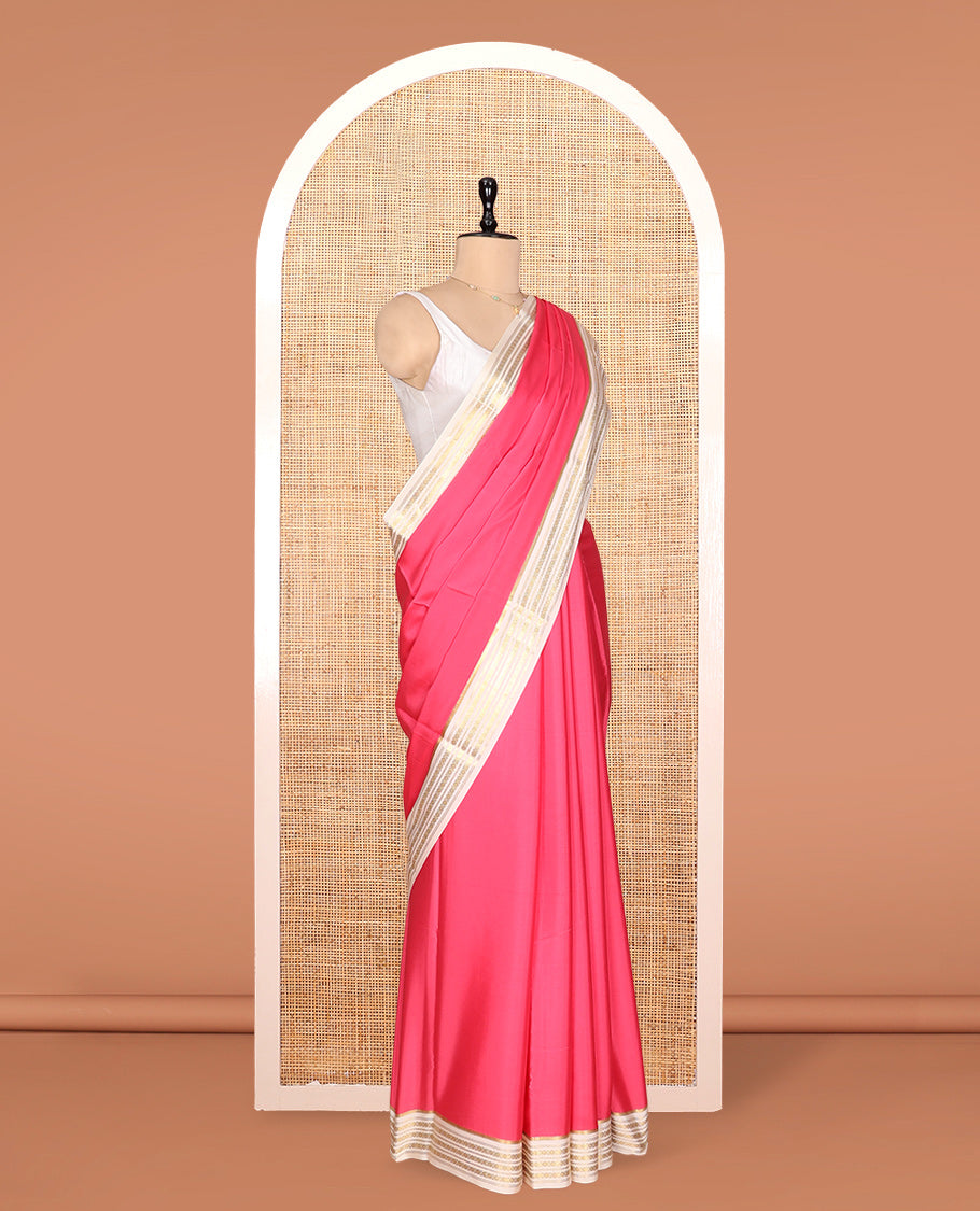 Dark Pink Plain Mysore Silk Saree, Complemented by a Contrast Traditional Zari Border, Zari Design Pallu, and a Contrast Blouse