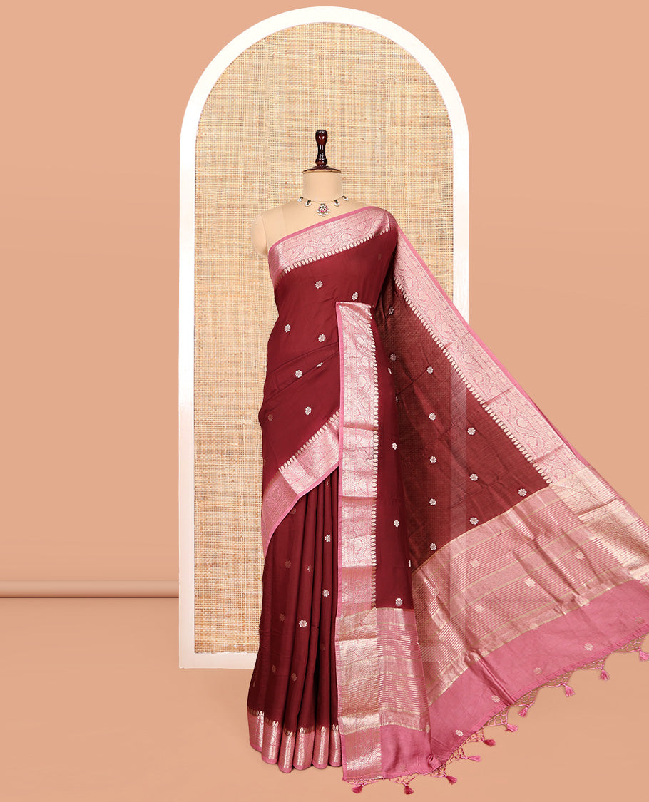 Maroon Assam Silk Saree, Woven with Zari Buttas, Complemented by a Contrast Traditional Zari Border, Zari-Striped Pallu, and a Contrast Blouse