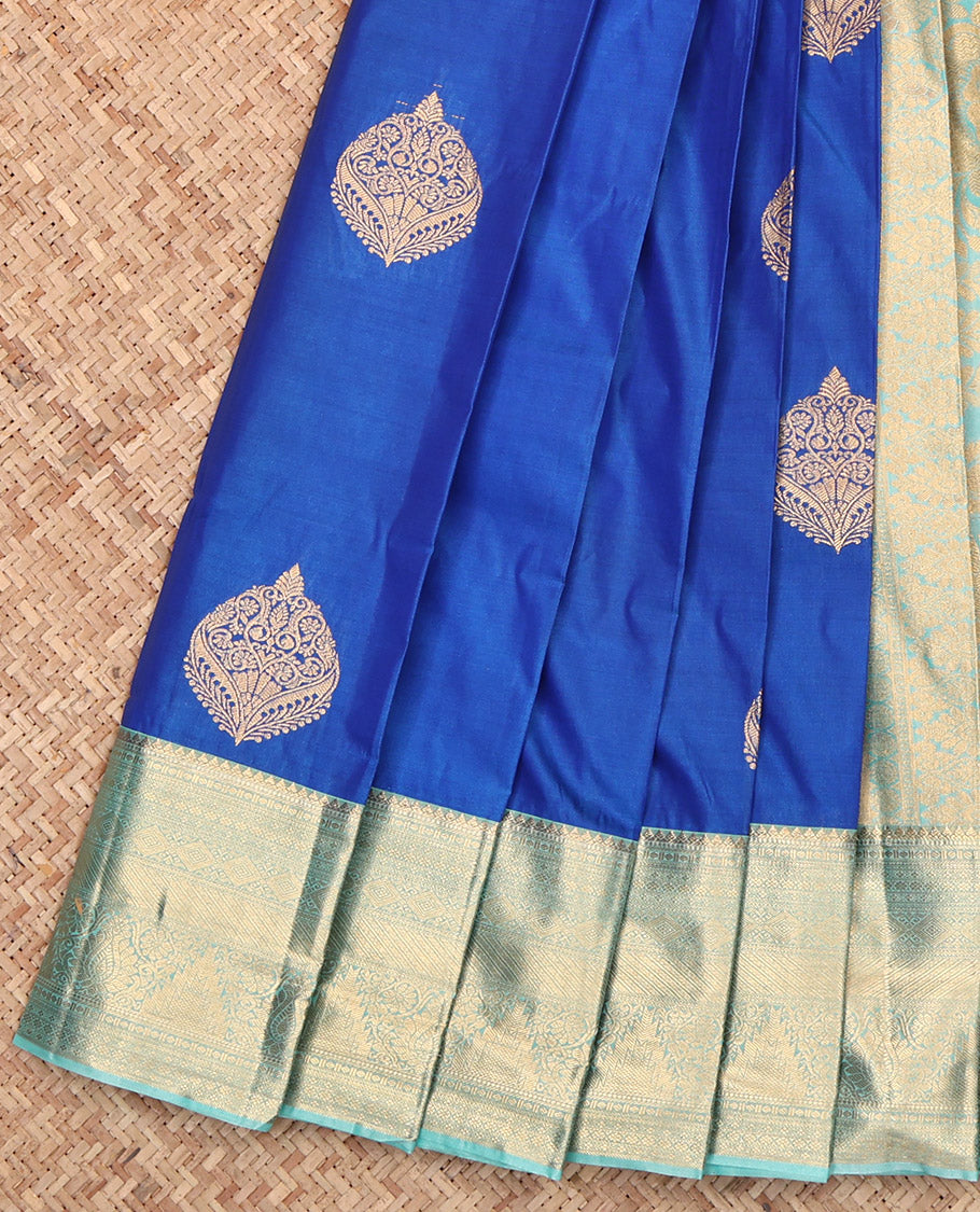 Royal Blue Budget Silk Saree, Detailed with Zari Buttas and Stripes, Complemented by a Contrast Traditional Border, Grand Pallu, and a Contrast Blouse