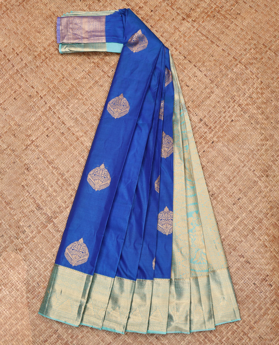 Royal Blue Budget Silk Saree, Detailed with Zari Buttas and Stripes, Complemented by a Contrast Traditional Border, Grand Pallu, and a Contrast Blouse