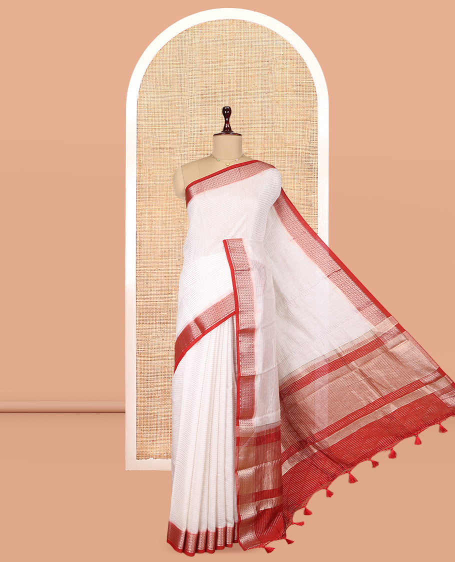 White Assam Silk Saree, Accentuated with Zari Stripes, Complemented by Contrast Zari Border, Zari Woven Pallu, and Contrast Blouse