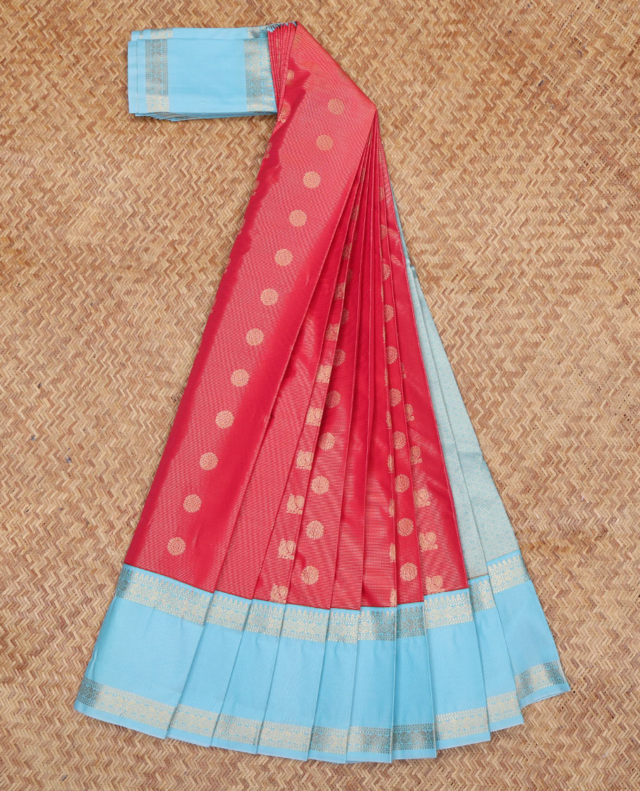 Red Budget Silk Saree, Richly Detailed with Peacock-Chakram Buttas and Stripes, a Contrast Traditional Zari Rettai Pettu Border, Grand Pallu, and a Contrast Blouse